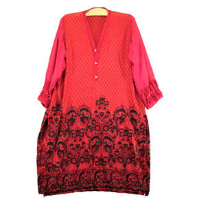Agha Noor Women Midi Dress Large Long Sleeve Red Embellished Embroidered Paisley